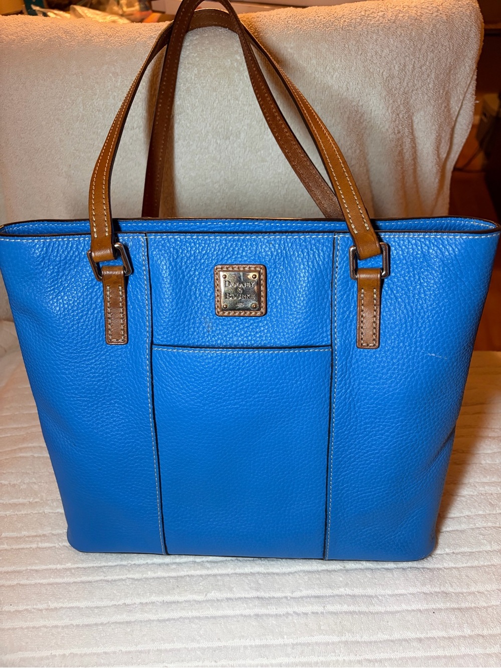 Dooney & Bourke Bright Blue Pebbled Leather Tote with Tan Handles
